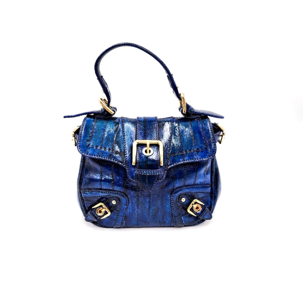 Dolce & Gabbana Blue Denim Print Patent Leather Designer Mind Shoulder Hand Bag - Picture 1 of 10